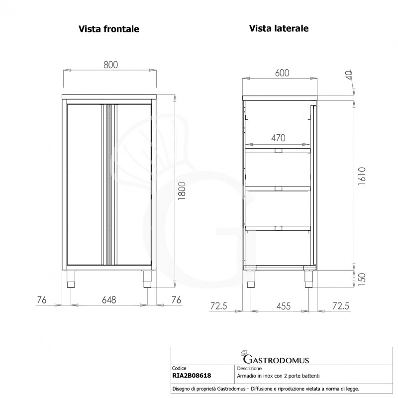Edelstahl Hochschrank, 2 Flügeltüren, 3 Einlegeböden, B 800 mm x T 600 mm x H 1800 mm
