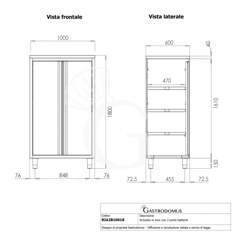 Edelstahl Hochschrank, 2 Flügeltüren, 3 Einlegeböden, B 1000 mm x T 600 mm x H 1800 mm