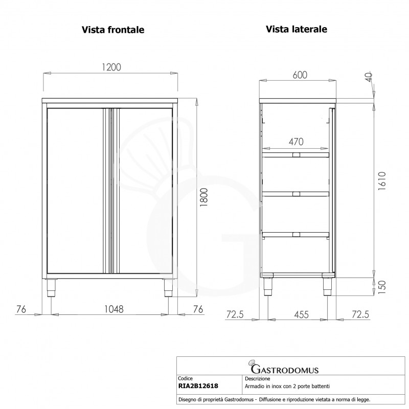 Edelstahl Hochschrank, 2 Flügeltüren, 3 Einlegeböden, B 1200 mm x T 600 mm x H 1800 mm