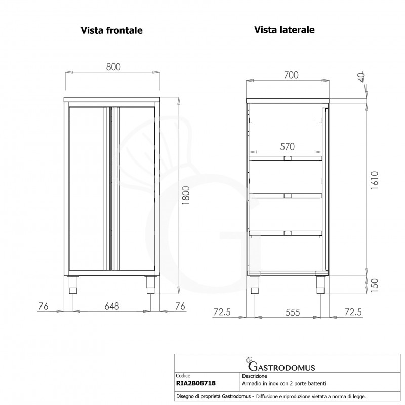 Edelstahl Hochschrank, 2 Flügeltüren, 3 Einlegeböden, B 800 mm x T 700 mm x H 1800 mm