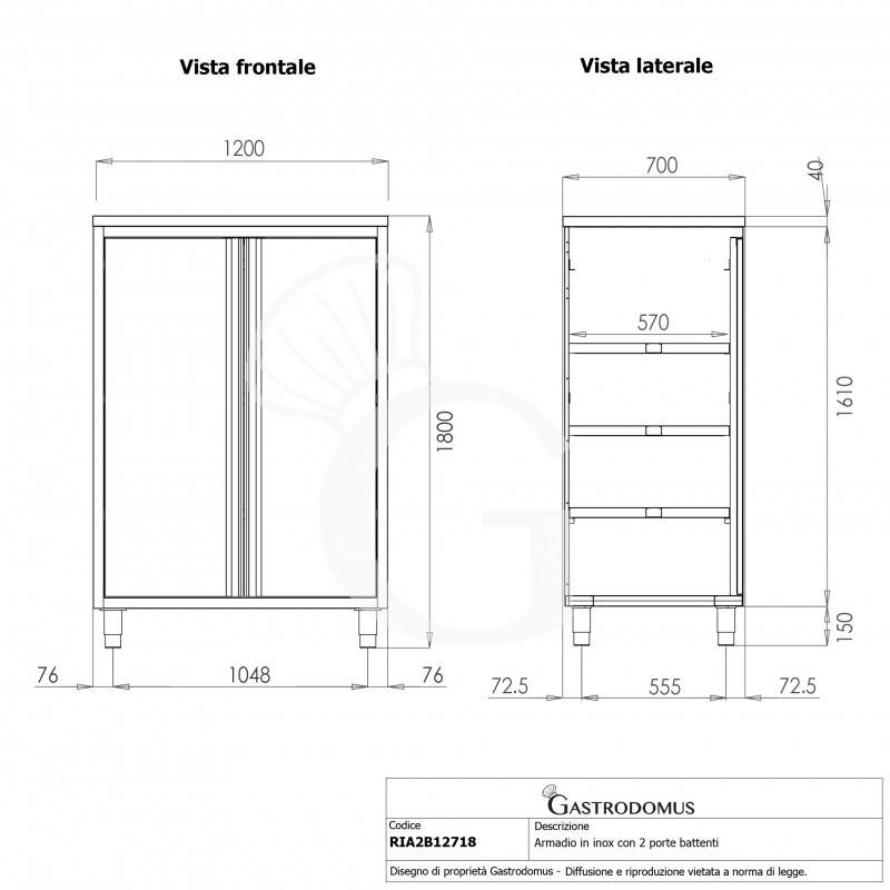 Edelstahl Hochschrank, 2 Flügeltüren, 3 Einlegeböden, B 1200 mm x T 700 mm x H 1800 mm
