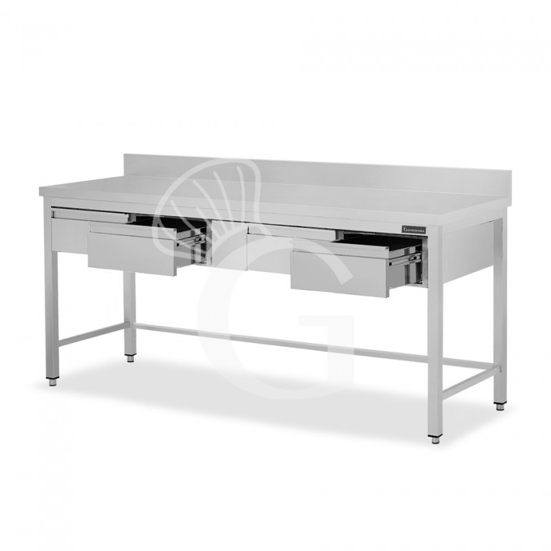 copy of Tavolo semplice in acciaio inox con 4 cassetti, alzatina e misure L 1800 mm x P 600 mm x H 850 mm
