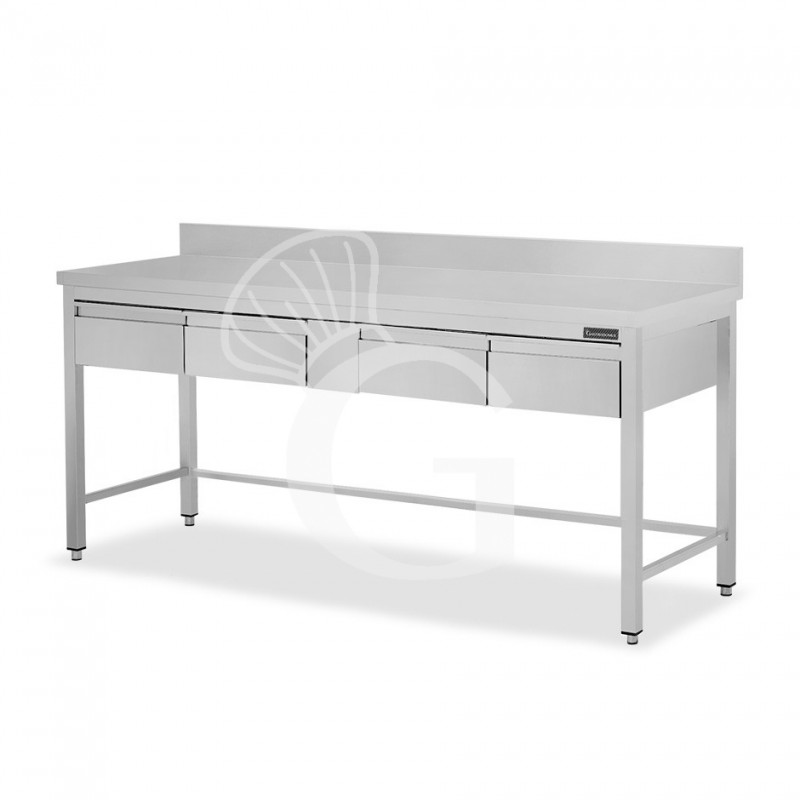 copy of Tavolo semplice in acciaio inox con 4 cassetti, alzatina e misure L 1800 mm x P 600 mm x H 850 mm