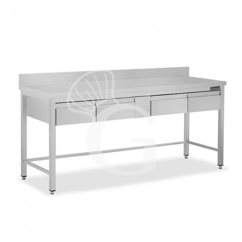 copy of Tavolo semplice in acciaio inox con 4 cassetti, alzatina e misure L 1800 mm x P 600 mm x H 850 mm