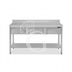 copy of Tavolo semplice in acciaio inox con piano, alzatina, 3 cassetti e L 1600 mm x P 700 mm x H 850 mm