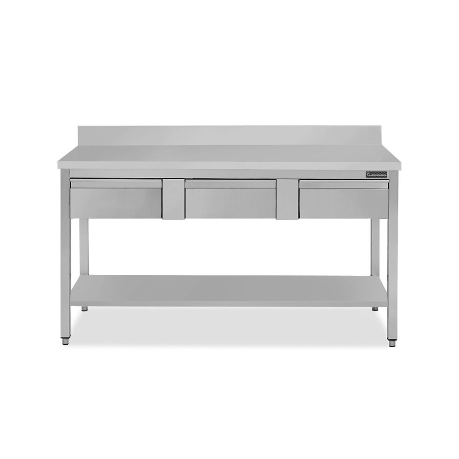 copy of Tavolo semplice in acciaio inox con piano, alzatina, 3 cassetti e L 1600 mm x P 700 mm x H 850 mm