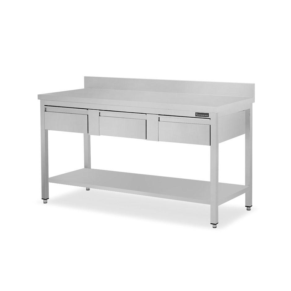 copy of Tavolo semplice in acciaio inox con piano, alzatina, 3 cassetti e L 1600 mm x P 800 mm x H 850 mm
