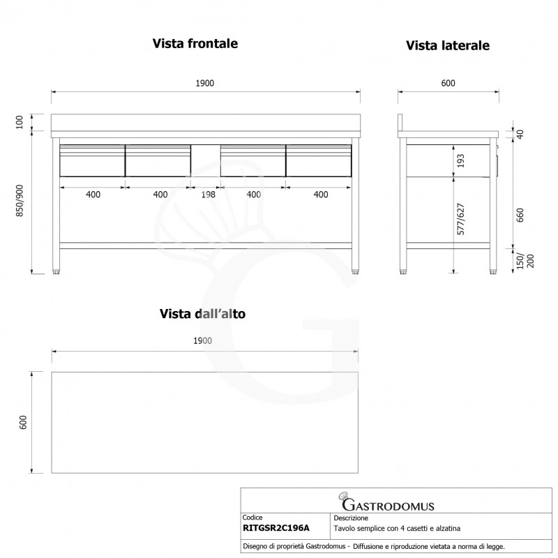 copy of Tavolo semplice in acciaio inox con 4 cassetti, alzatina e misure L 1800 mm x P 600 mm x H 850 mm