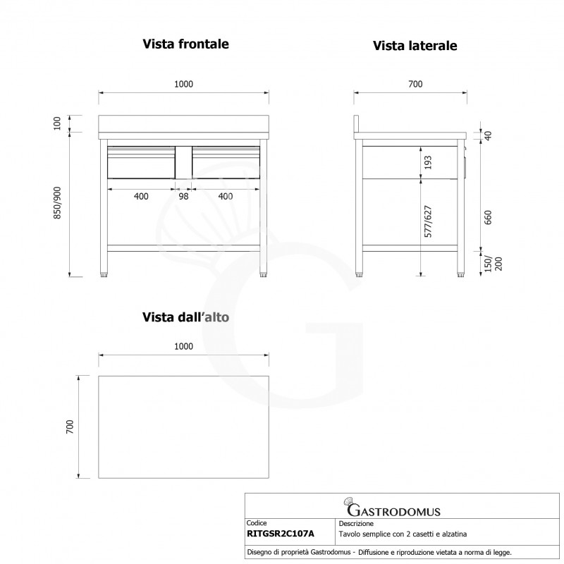 Edelstahltisch 2 Regalböden Aufsatz B 1000 mm x T 700 mm x H 950 mm