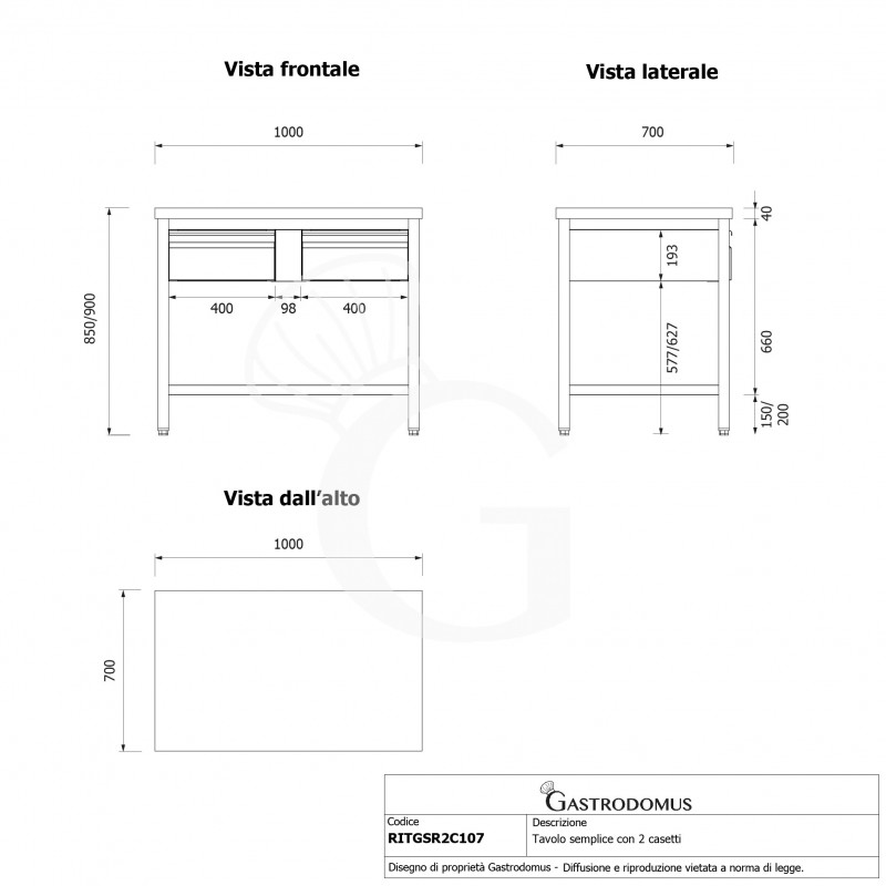 Edelstahltisch 2 Schubladen B 1000 mm x T 700 mm x H 850 mm