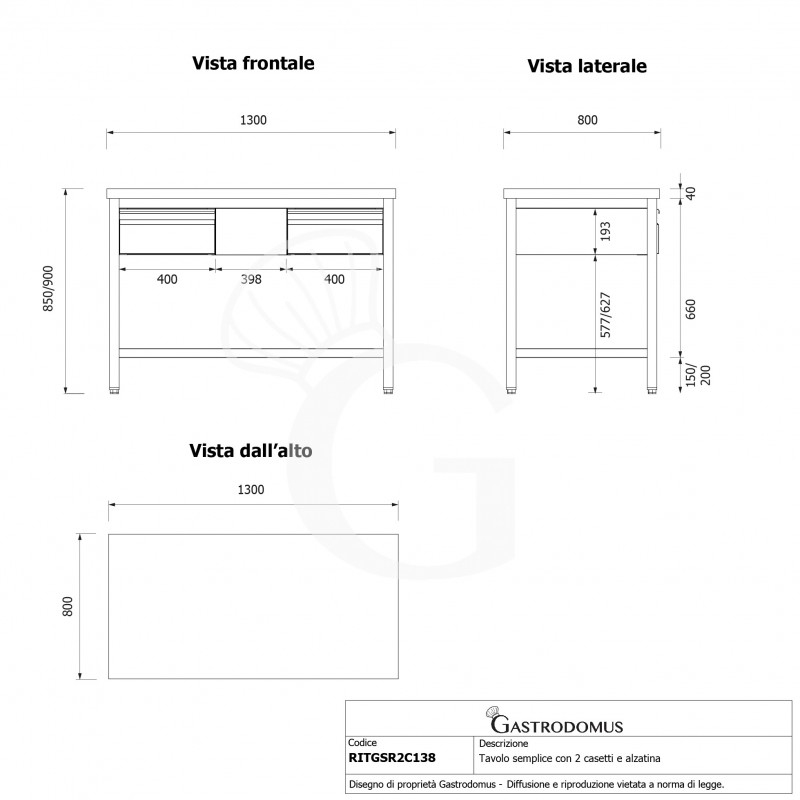 copy of Tavolo semplice in acciaio inox con 2 cassetti e misure L 1200 mm x P 800 mm x H 850 mm