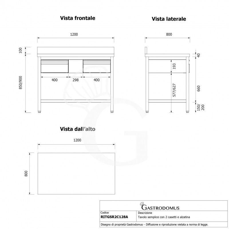 Edelstahltisch, 2 Schubladen, Aufkantung, B 1200 mm x T 800 mm x H 950 mm