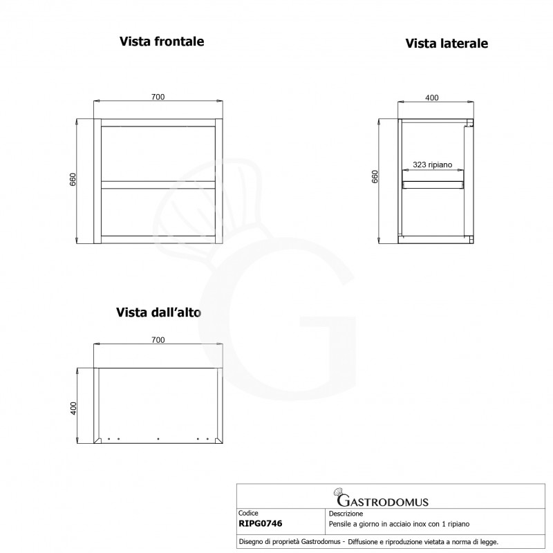 Offener Wandhängeschrank, Edelstahl, 1 Zwischenboden, B 700 mm x T 400 mm x H 660 mm