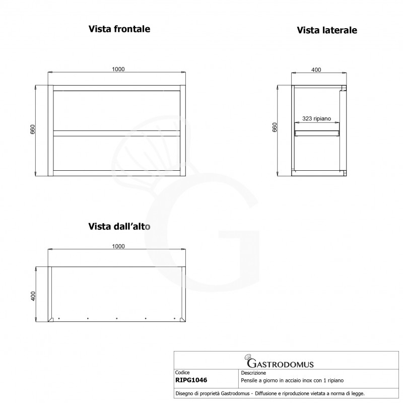Offener Wandhängeschrank, Edelstahl, 1 Zwischenboden, B 1000 mm x T 400 mm x H 660 mm