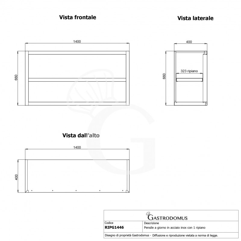 Offener Wandhängeschrank, Edelstahl, 1 Zwischenboden, B 1400 mm x T 400 mm x H 660 mm