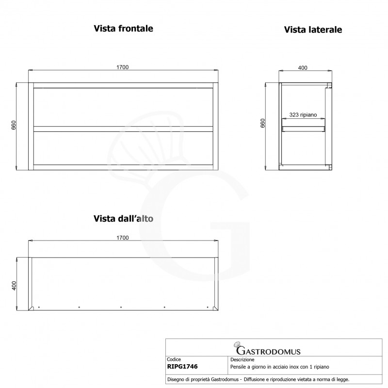 Offener Wandhängeschrank, Edelstahl, 1 Zwischenboden, B 1700 mm x T 400 mm x H 660 mm