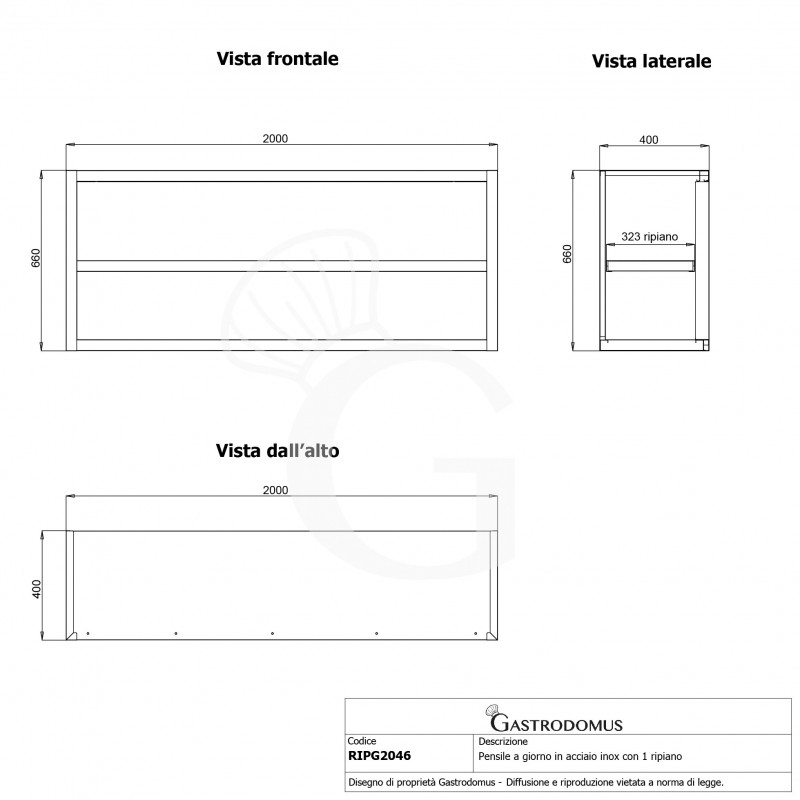 Offener Wandhängeschrank, Edelstahl, 1 Zwischenboden, B 2000 mm x T 400 mm x H 660 mm