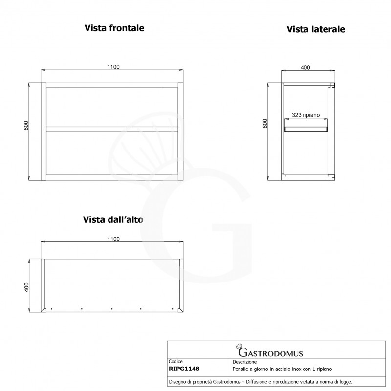 Offener Wandhängeschrank, Edelstahl, 1 Zwischenboden, B 1000 mm x T 400 mm x H 800 mm