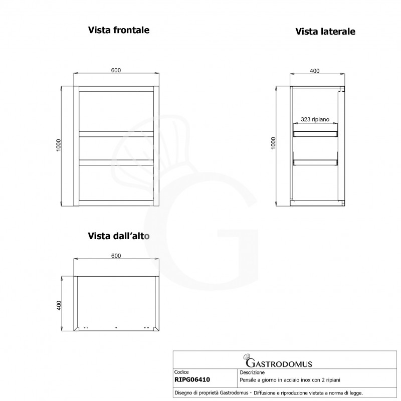Offener Wandhängeschrank, Edelstahl, 2 Zwischenböden, B 600 mm x T 400 mm x H 1000 mm