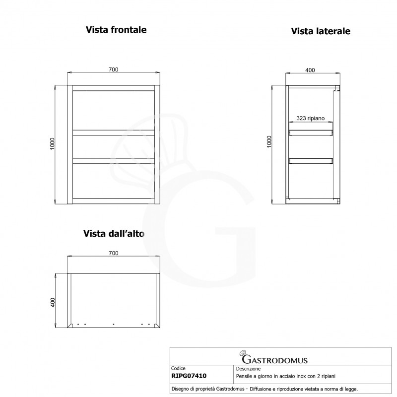 Offener Wandhängeschrank, Edelstahl, 2 Zwischenböden, B 700 mm x T 400 mm x H 1000 mm