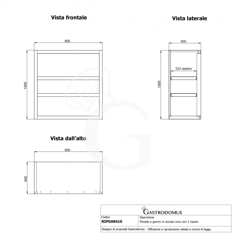 Offener Wandhängeschrank, Edelstahl, 2 Zwischenböden, B 800 mm x T 400 mm x H 1000 mm