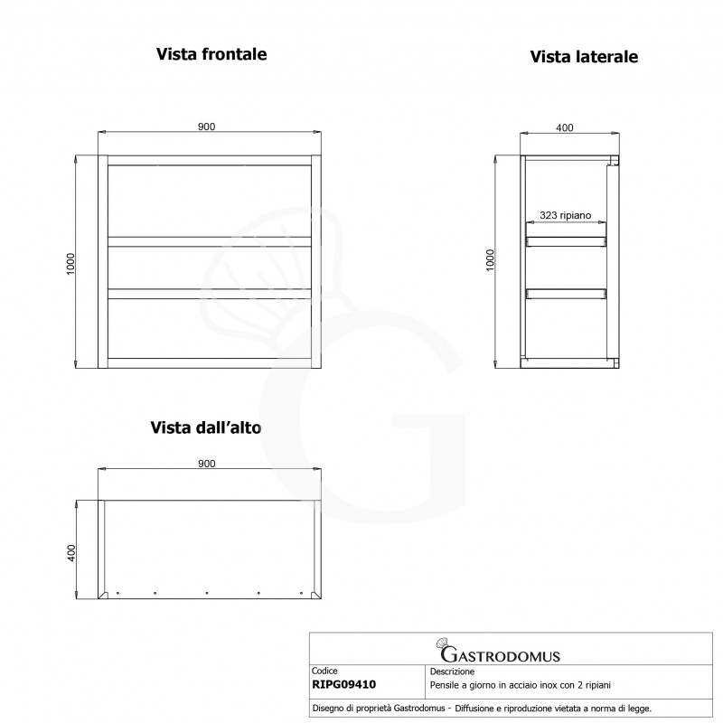 Offener Wandhängeschrank, Edelstahl, 2 Zwischenböden, B 900 mm x T 400 mm x H 1000 mm
