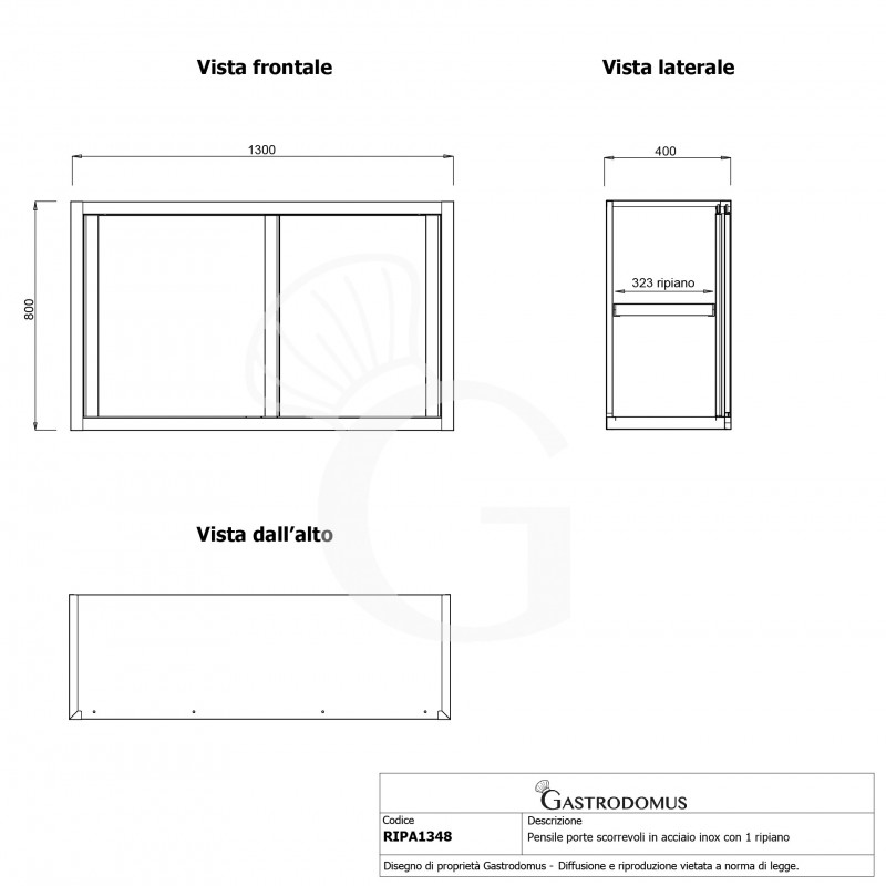 Wandhängeschrank, Edelstahl, Schiebetüren, 1 Zwischenboden, B 1300 mm x T 400 mm x H 800 mm