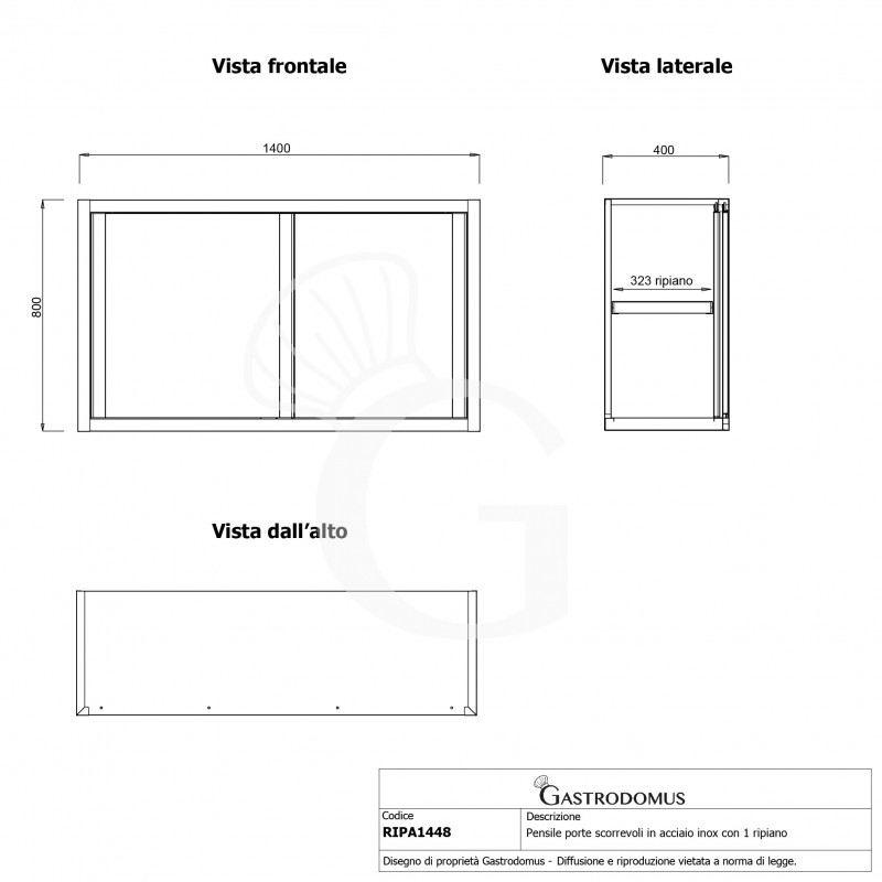 Wandhängeschrank, Edelstahl, Schiebetüren, 1 Zwischenboden, B 1400 mm x T 400 mm x H 800 mm