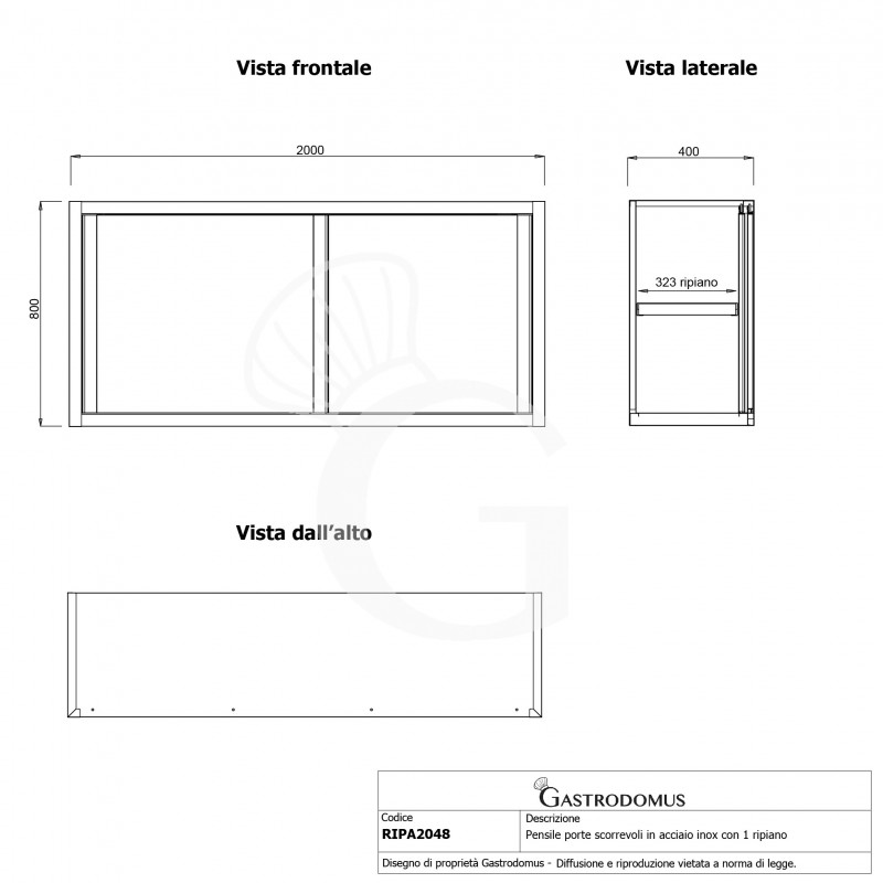 Wandhängeschrank, Edelstahl, Schiebetüren, 1 Zwischenboden, B 2000 mm x T 400 mm x H 800 mm