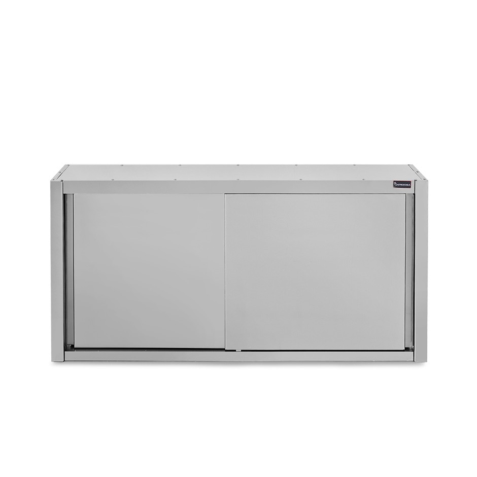 Wandhängeschrank, Edelstahl, mit Abtropffläche, Schiebetüren, 2 gelöcherte Zwischenböden, B 1500 mm x T 400 mm x H 1000 mm