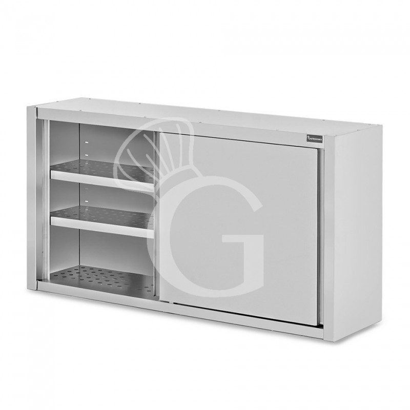 Wandhängeschrank, Edelstahl, mit Abtropffläche, Schiebetüren, 2 gelöcherte Zwischenböden, B 1600 mm x T 400 mm x H 1000 mm