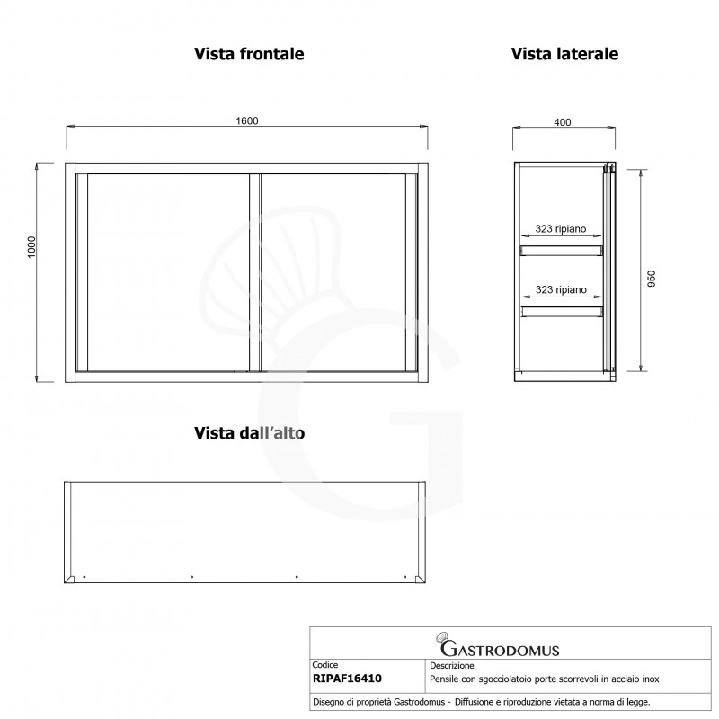 Wandhängeschrank, Edelstahl, mit Abtropffläche, Schiebetüren, 2 gelöcherte Zwischenböden, B 1600 mm x T 400 mm x H 1000 mm