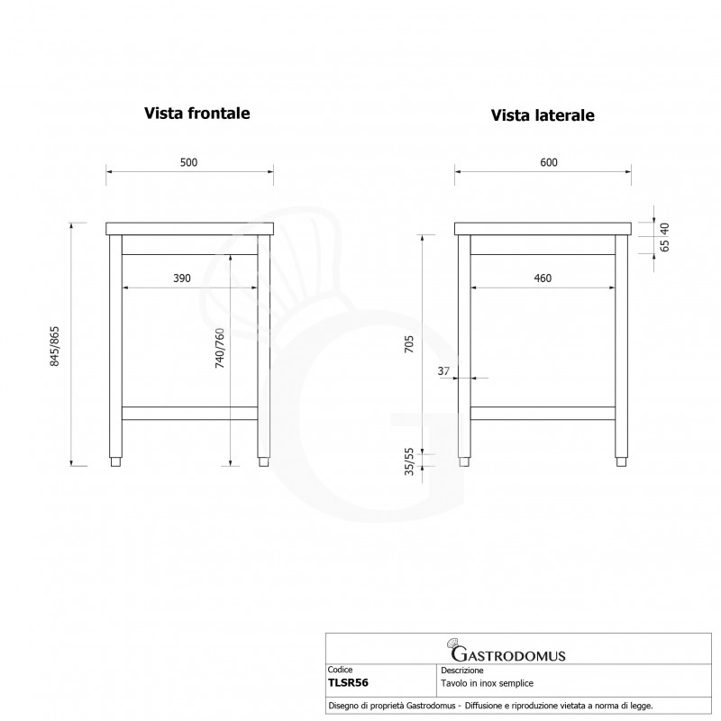 Edelstahltisch, B 500 mm X T 600 mm X H 865 mm