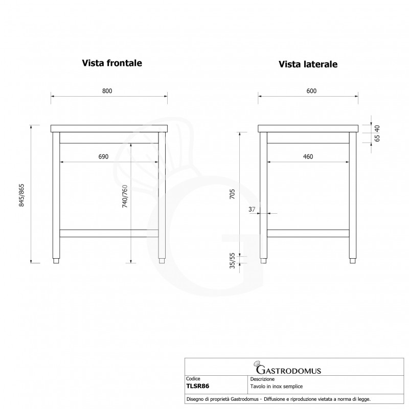 Edelstahltisch, B 800 mm X T 600 mm X H 865 mm