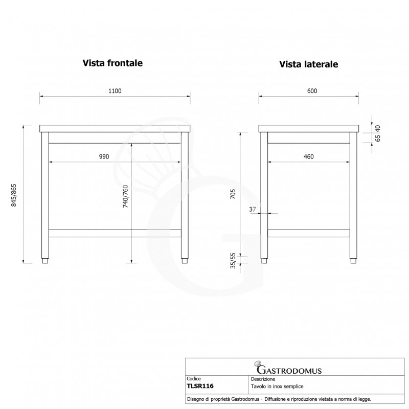copy of Tavolo semplice in acciaio inox con misure L 1100 mm x P 600 mm x H 850 mm