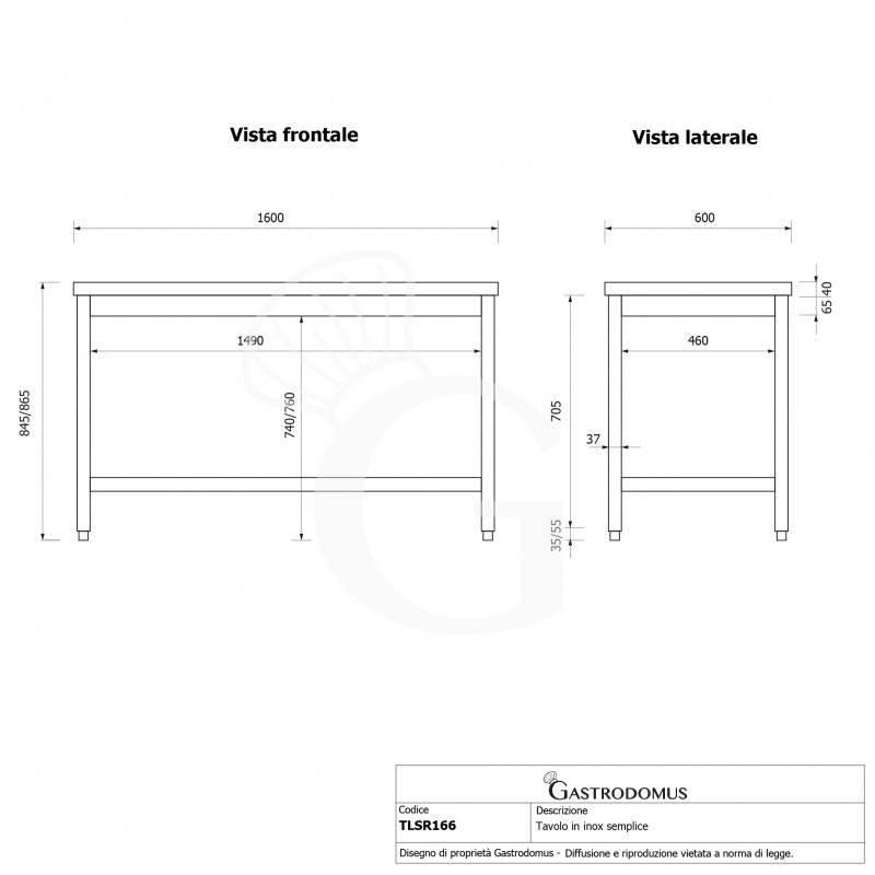 copy of Tavolo semplice in acciaio inox con misure L 1600 mm x P 600 mm x H 850 mm