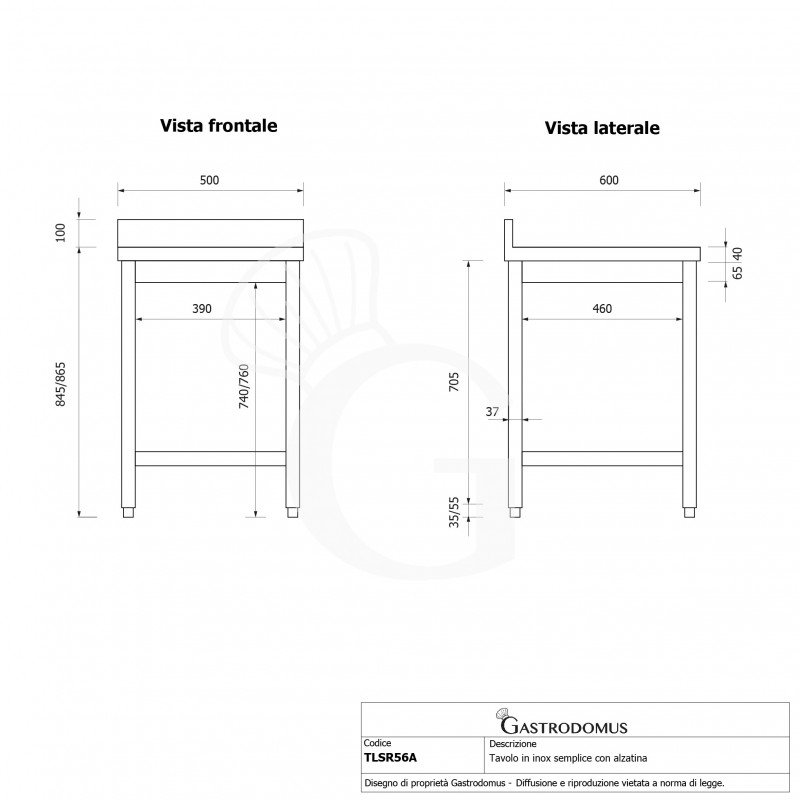 Edelstahltisch mit Aufkantung, B 500 mm X T 600 mm X H 965 mm
