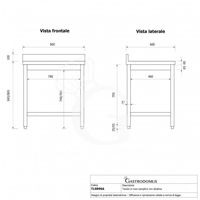 Edelstahltisch mit Aufkantung, B 900 mm X T 600 mm X H 965 mm