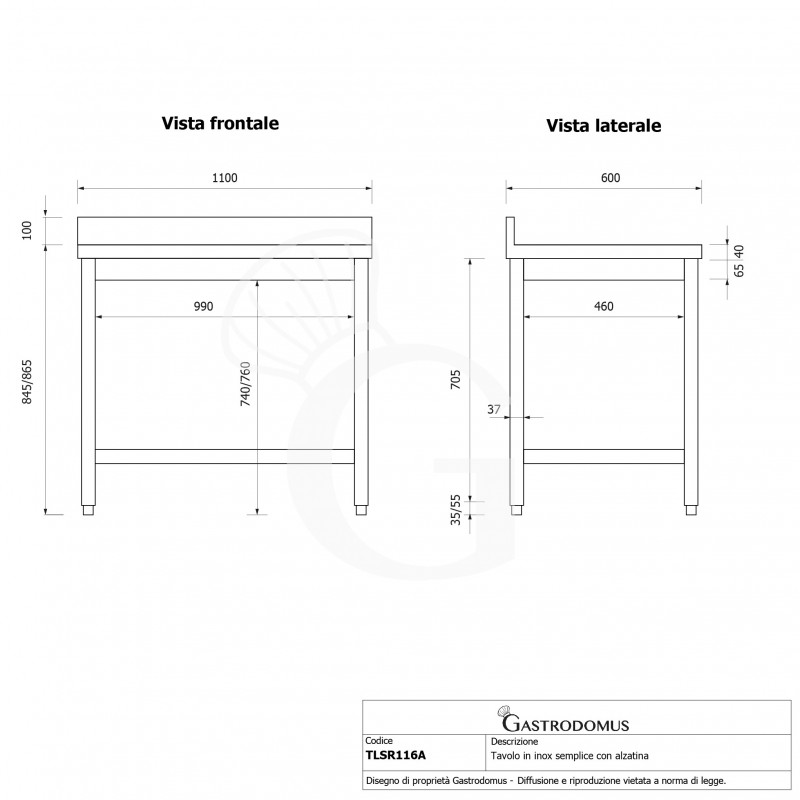 copy of Tavolo semplice in acciaio inox con alzatina e misure L 1100 mm x P 600 mm x H 850 mm