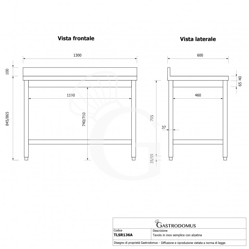 Edelstahltisch mit Aufkantung, B 1300 mm X T 600 mm X H 965 mm