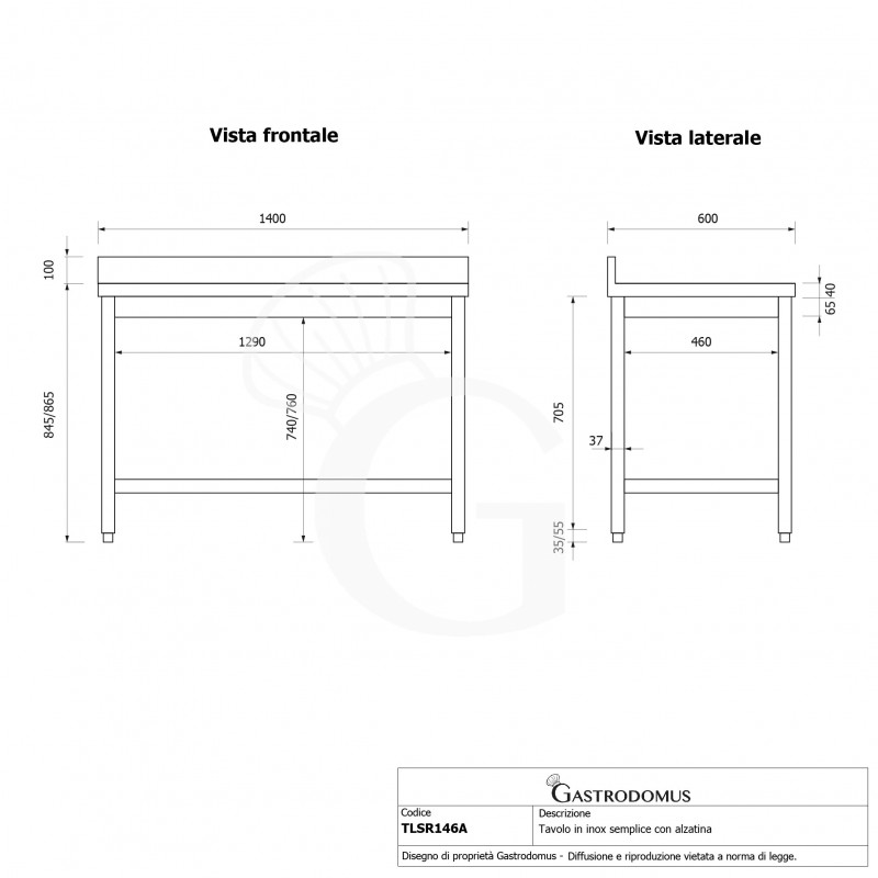 Edelstahltisch mit Aufkantung, B 1400 mm X T 600 mm X H 965 mm