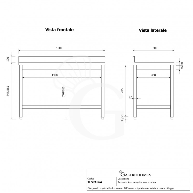 Edelstahltisch mit Aufkantung, B 1500 mm X T 600 mm X H 965 mm