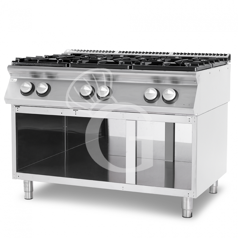 Professioneller Gasherd mit 6 Brenner und offenen Unterbau mit 2 Fächer, Tiefe 900 mm