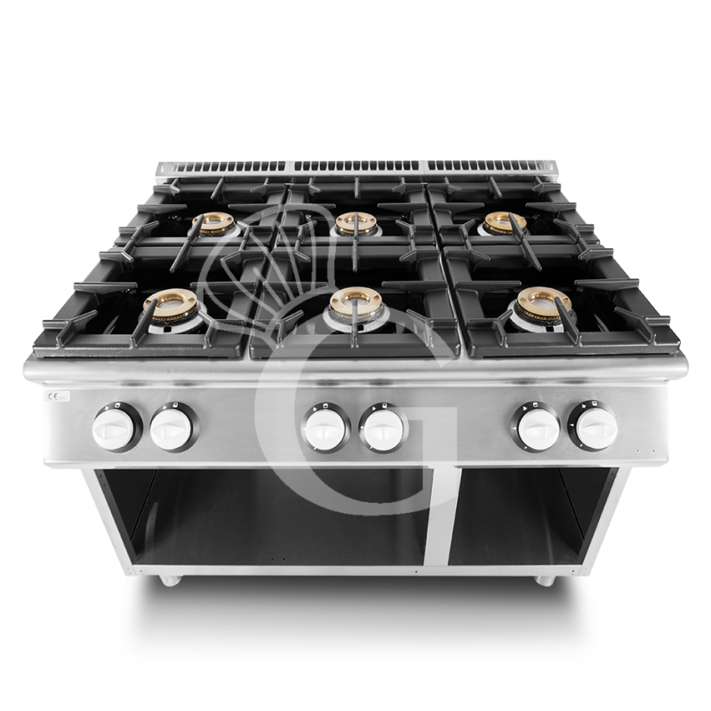 Professioneller Gasherd mit 6 Brenner und offenen Unterbau mit 2 Fächer, Tiefe 900 mm