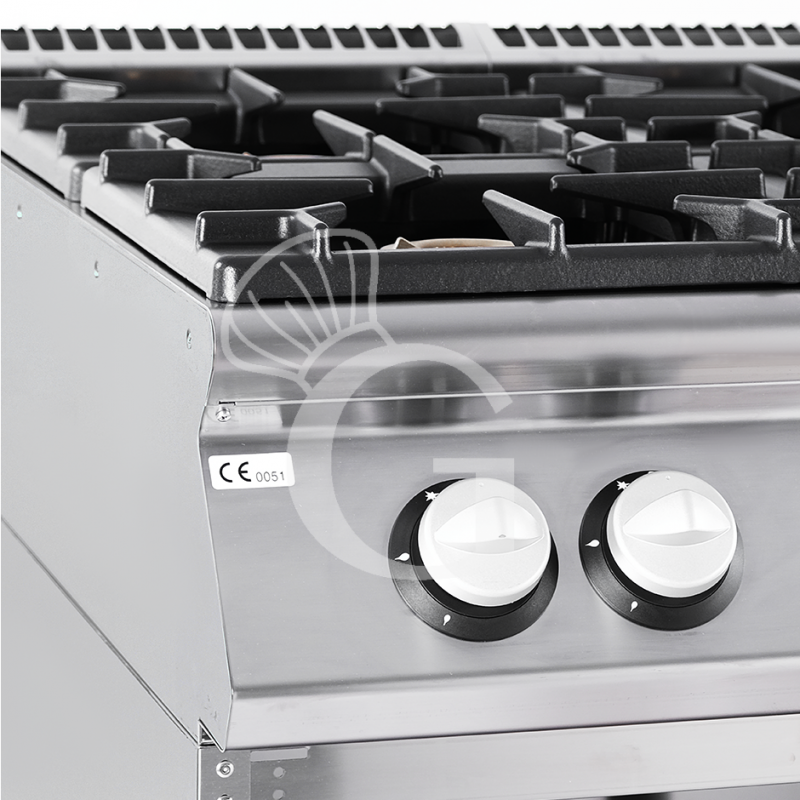 Professioneller Gasherd mit 6 Brenner und offenen Unterbau mit 2 Fächer, Tiefe 900 mm