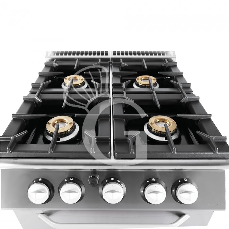 Professioneller Gasherd mit 4 Brenner, Gasbackofen, Tiefe 900 mm