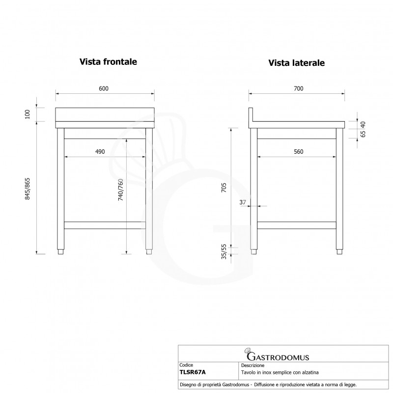 Edelstahltisch mit Aufkantung, B 600 mm X T 700 mm X H 965 mm