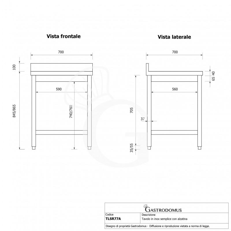 Edelstahltisch mit Aufkantung, B 700 mm X T 700 mm X H 965 mm