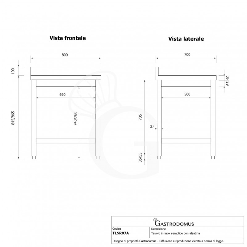Edelstahltisch mit Aufkantung, B 800 mm X T 700 mm X H 965 mm