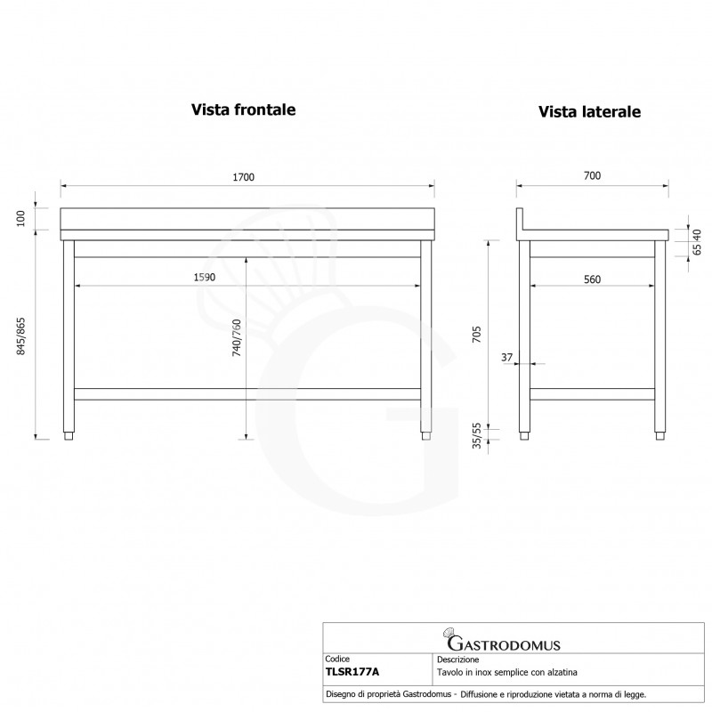 copy of Tavolo semplice in acciaio inox con alzatina e misure L 1700 mm x P 700 mm x H 850 mm